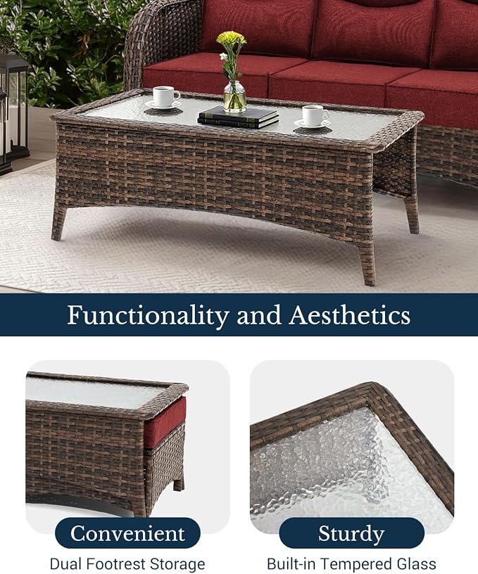 HILLGA Luxury Outdoor Patio Furniture Set with 6-Inch Thick Cushions,High Back Wicker Swivel Rocker Chairs, 10 Pcs All Weather Furniture Set for Large Deck, Yard and Poolside, Burgundy (V3)