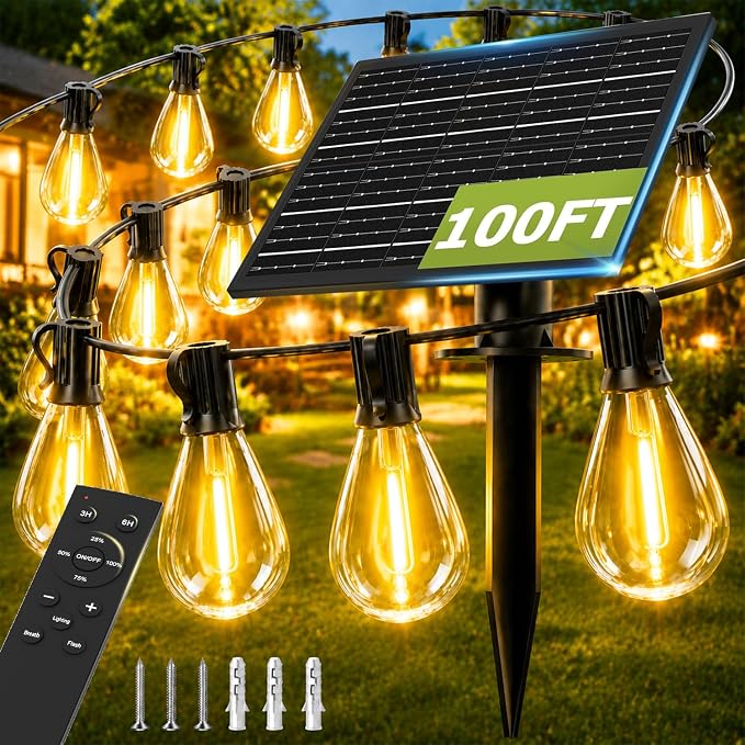 100FT Solar String Lights Outdoor, Dimmable Patio Lights Solar Powered with Remote & USB Port 35+1 LED Shatterproof Bulbs 3 Light Modes, Waterproof Solar Light for Camping Backyard Garden