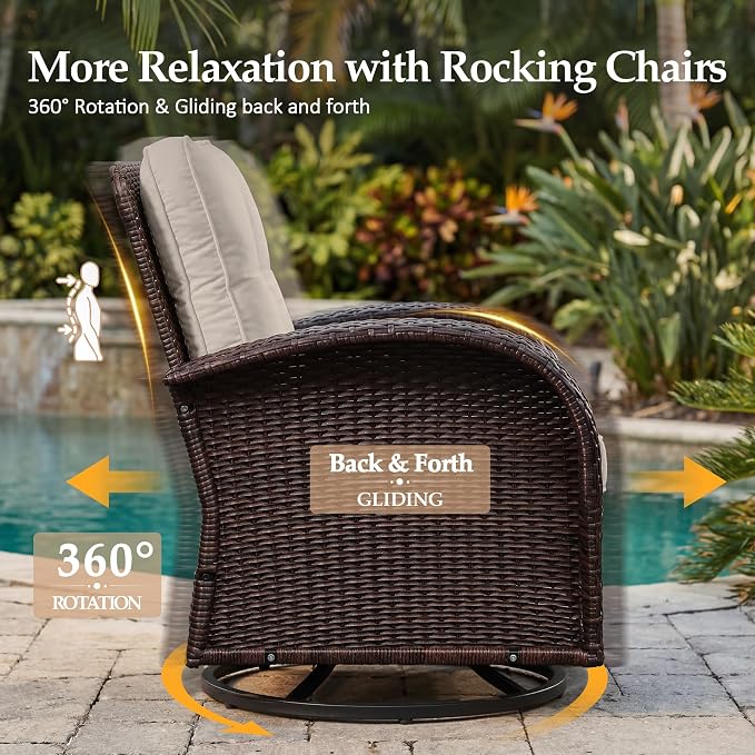UPHA 6 Pieces Patio Furniture Sets, Wicker Outdoor Sofa Set with Loveseat & 3-Seat Couch, Swivel Chairs, Patio Conversation Set for Deck Backyard Garden, Brown Rattan, Beige Cushion