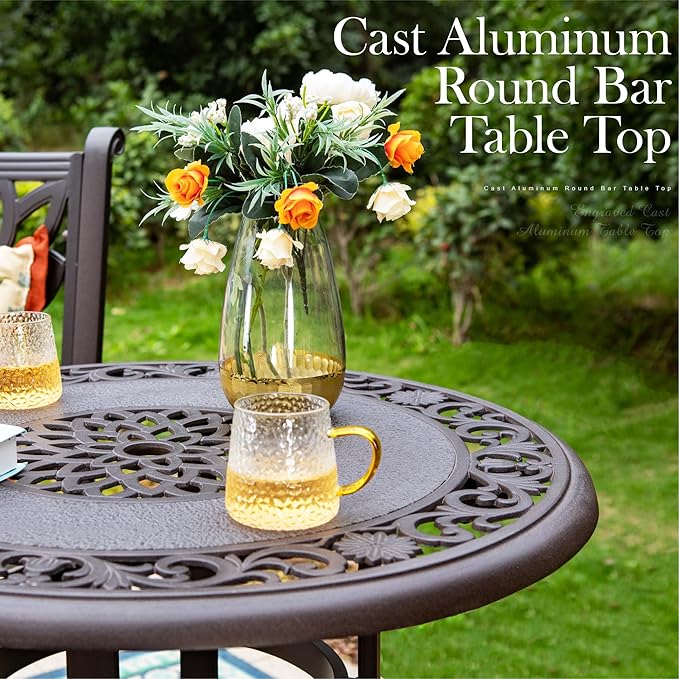 PHI VILLA 3-Piece Patio Bistro Set, 32" Round Cast Aluminum Table, Bronze | Swivel Chairs, Cushions Chairs, Umbrella Hole