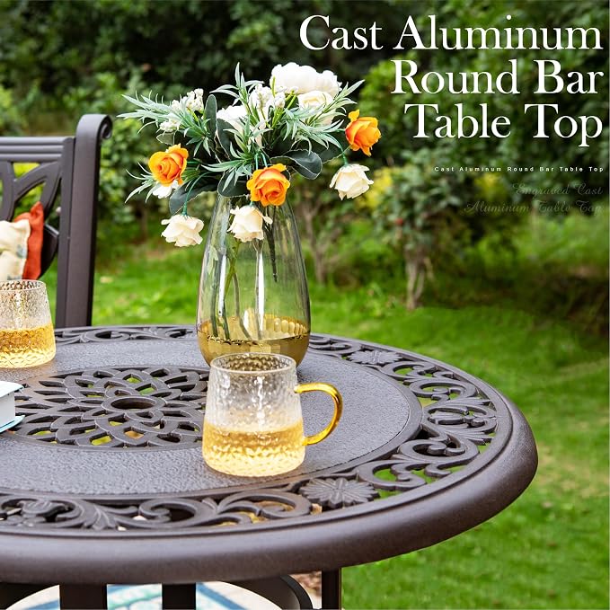 PHI VILLA 3-Piece Patio Bistro Set, 32" Round Cast Aluminum Table, Bronze | Cushions Chairs, Fixed Chairs, Umbrella Hole, All-Weather Use, Armrests