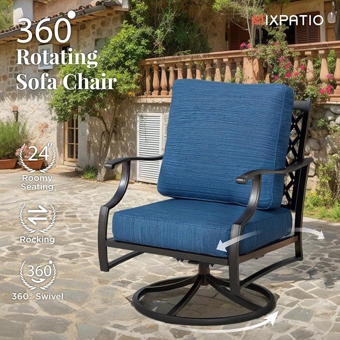 MIXPATIO Patio Furniture Set with Fire Pit Table, 5 Pcs Metal Outdoor Conversation Set, 4 Swivel Chairs with 5.75" Extra Thick Cushion and 28" Fire Pit Table for Backyard Deck, Green Blue