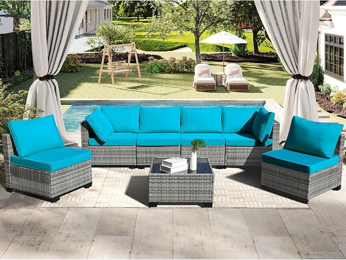 CANMOV 7 Pieces Patio Furniture Sets, All Weather Outdoor Patio Conversation Set, PE Wicker Rattan Sectional Sofa Couch Glass Coffee Table Washable Cushions for Backyard Garden, Porch, Peacock Blue