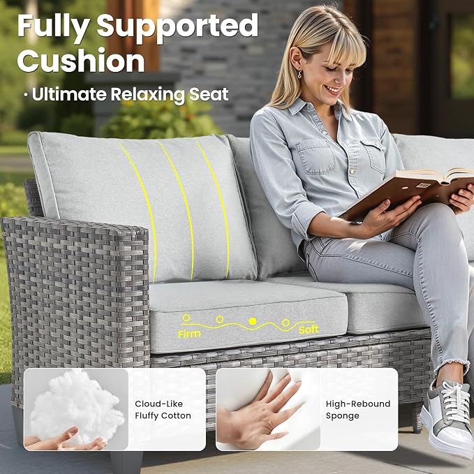 ovios 8 Pieces Patio Furniture Set, Outdoor Wicker Sofa Couch with Swivel Glider Chairs Solar Lights Table, Modern Deep Seat Rattan Conversation Sets for Deck Porch, Grey