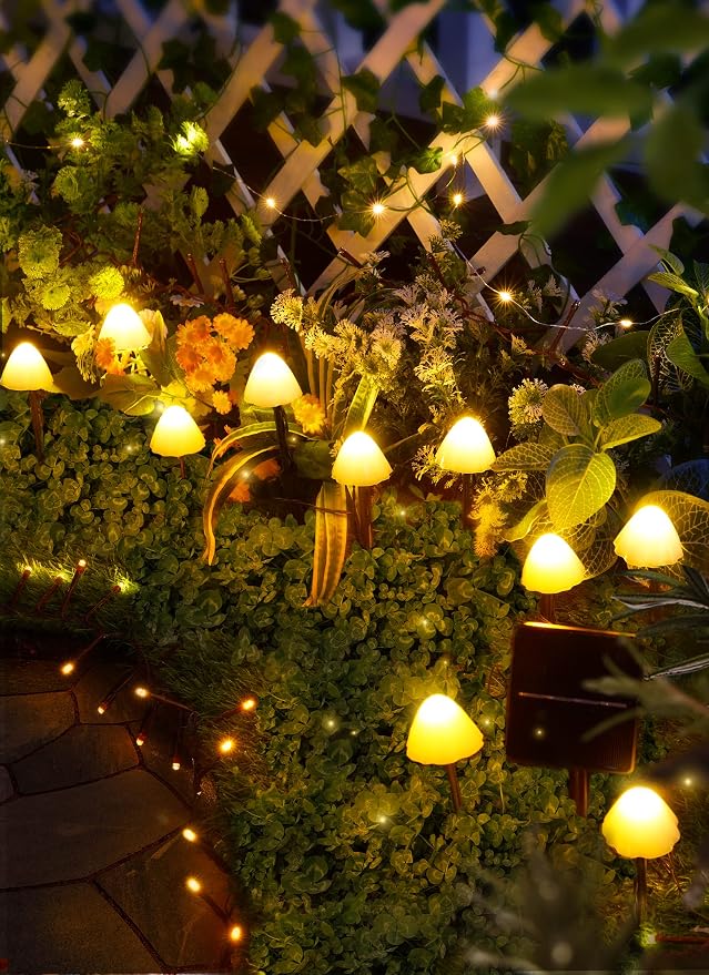 Solar Mushroom Garden Lights for Outside, 20 LED 32.8FT Solar Pathway Lights Outdoor Waterproof for Fence with 8 Lighting Modes for Patio Yard Decorative | 33FT Solar Pathway Lights with 8 Lighting Modes & Waterproof for Garden Fence Patio Yard Christm...