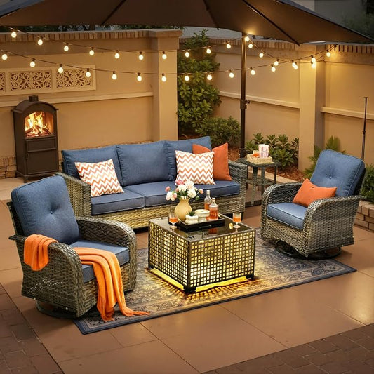 CAODOC Patio Furniture, All Weather Wicker 6 PCS Outdoor Sofa with High Back Swivel Rocker Chairs, Conversation Set with Solar Light Coffee Table,Light Rattan Blue Cushion