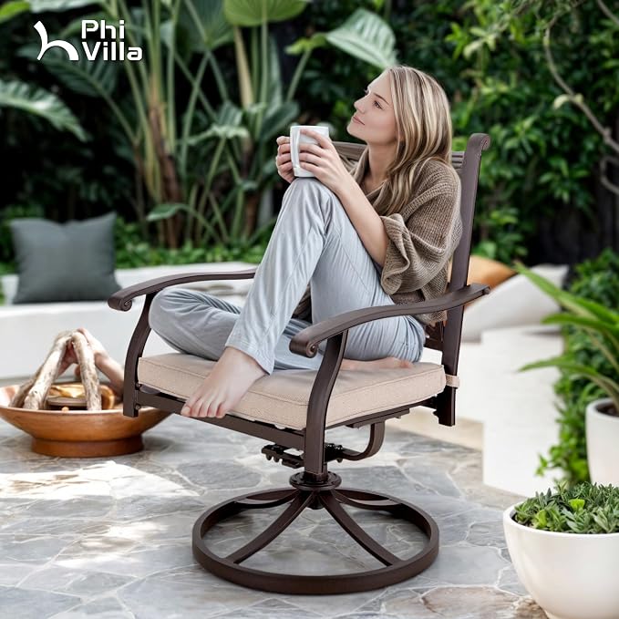 PHI VILLA Patio Dining Set, Swivel Chairs, 54" Round Cast Aluminum Table | Cast Aluminum chairs, Bronze (Swivel Chairs), 2.1 umbrella hole, 360° swivel, rocking, Cushions, E-coated