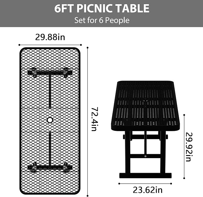 4FT Picnic Tables for Outdoors, Black Rectangular Heavy Duty Commercial Picnic Table with Umbrella Hole, Weather-Resistant Camping Table Dining Table for Backyard, Patio, Garden, Shops, Parks