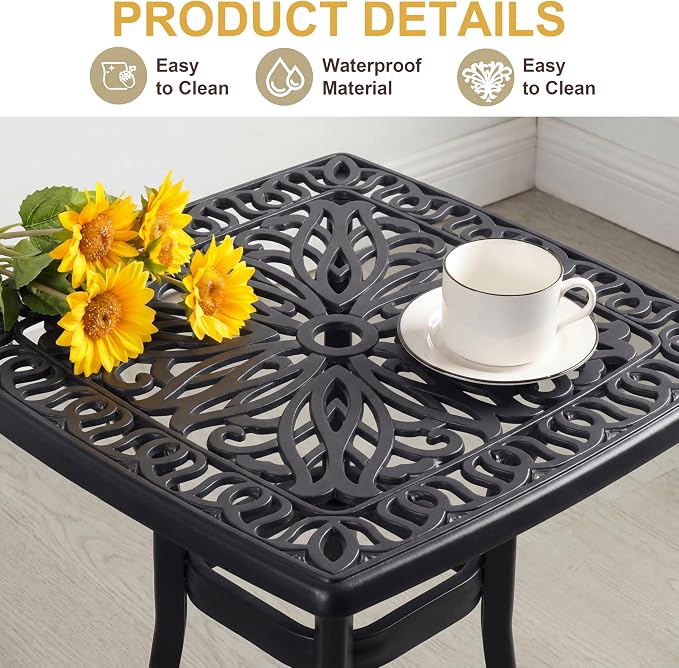 Outdoor Patio Table Cast Aluminum Side Table All Weather End Table Small Bistro Table,Coffee Table for Garden,Pool,Indoor(21" Black Square)