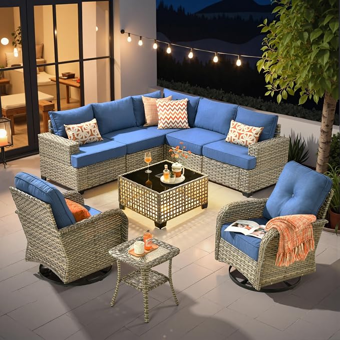 HOOOWOOO Sectional Patio Furniture Set With Swivel Chairs,9 Pieces Wicker Outdoor Furniture L Shaped Couch,Outside Conversation Set With Extra Deep Seat Sofa Wide Arm Solar Light Table,Dark Denim Blue