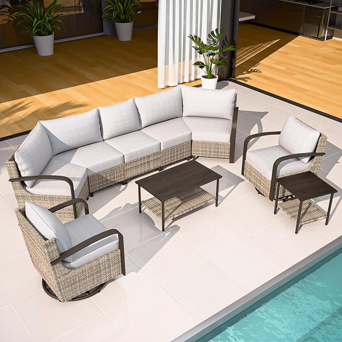 COOS BAY Aurora Terrace 7 Piece Outdoor Sectional Furniture Set, Half Moon Rattan Wicker Conversation Set with Swivel Chairs, 5 Seat Sofa, Coffee & Side Table for Patio Garden Yard, Beige/Beige