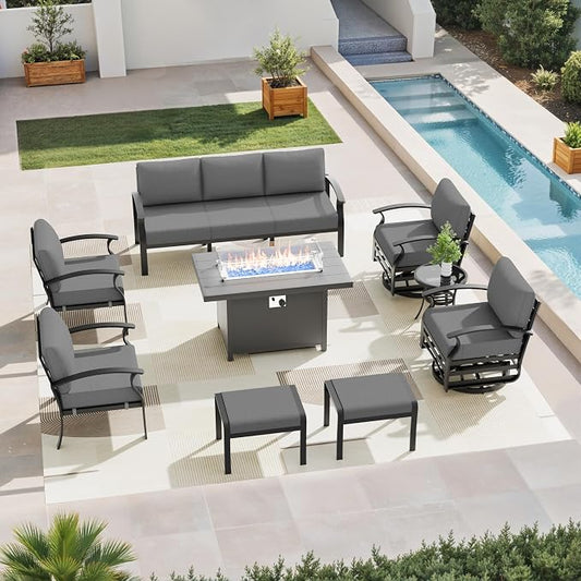 Aluminum Patio Furniture Set with Fire Pit Table, 9 Seats Outdoor Patio Conversation Sets with Swivel Chair Modern Metal Sectional Sofa with Upgrade Cushions for Patio, Backyard - Grey