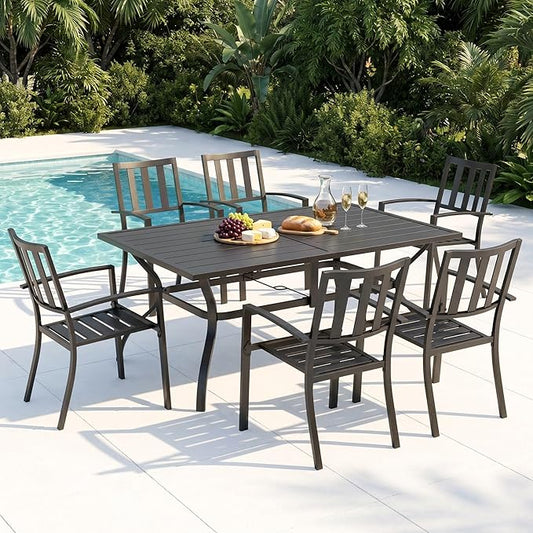 MFSTUDIO 7 PCS Patio Dining Set, Metal Table w/Umbrella Hole&Metal Chairs | 7 Piece Metal Patio Furniture Set for Deck Backyard Poolside Garden