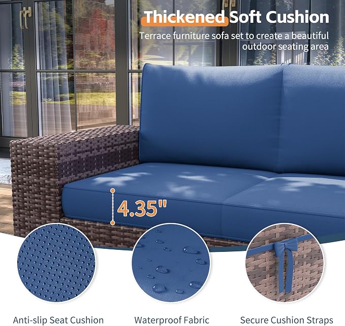 UDPATIO Patio Furniture Set, 8 Inch Armrest Outdoor Sectional Sofa with Wicker Coffee Table, 6 Piece Conversation for Garden, Backyard, Navy Blue