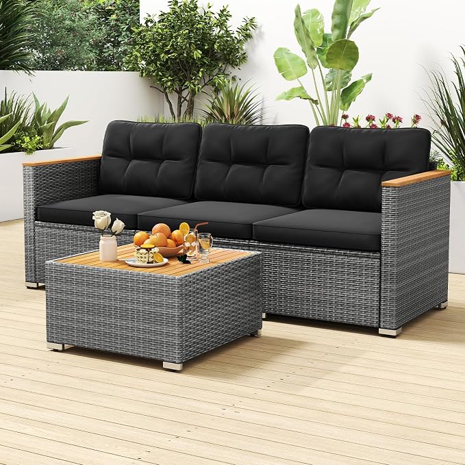 Tangkula 3-Seat Patio Wicker Couch Sofa, Outdoor 3 Seater Rattan Furniture Set with Acacia Wood Armrests & Thick Cushion, Outside Sectional Sofa Couch for Porch, Deck, Garden and Backyard, Black