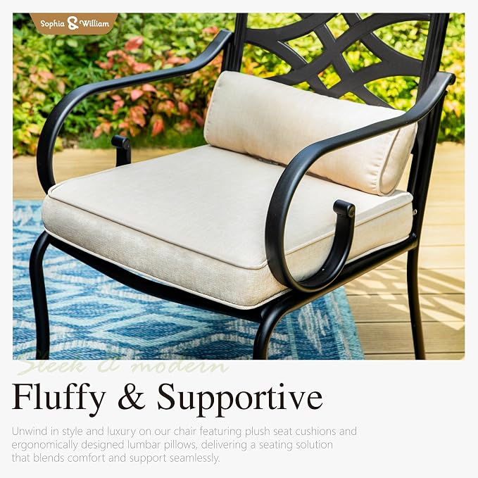 Sophia & William Patio Dining Set, Steel, Black | Umbrella Hole, E-Coated, Cushions Included, For Patio, Garden and Yard