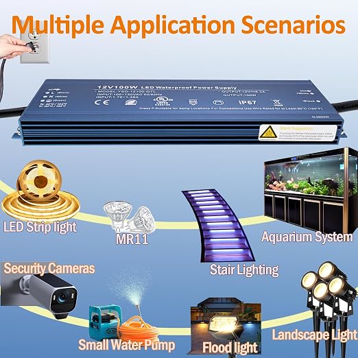 12V 100W UL Listed LED Power Supply with 3.28ft US Standard Plug Wire | Waterproof IP67 Low Voltage Transformer 100V-130V AC to 12V DC Converter for DC12V LED Lighting Products