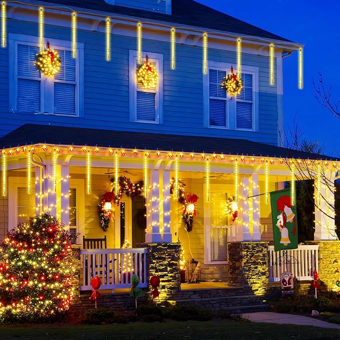 JMEXSUSS Solar Meteor Shower Lights Outdoor, 8 Tube 144 LEDs | Warm White Solar Christmas Lights for Tree Eave Xmas Holiday Party Patio House Wedding Decor