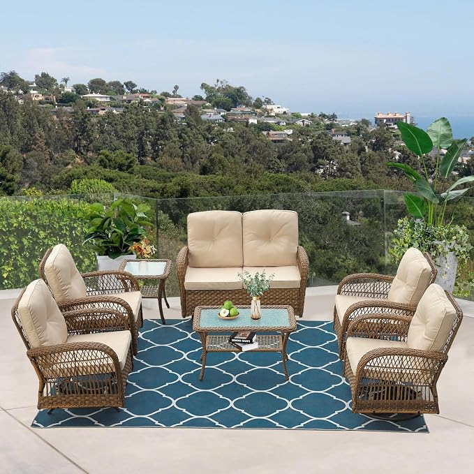 VIVIJASON 7-Piece Outdoor Patio Wicker Conversation Sets, All Weather Outdoor Rattan Furniture Set Includes Glider Loveseat, 2 Glider Rocker Chairs, 2 Swivel-Gliders Chairs, 2 Coffee Table Light Brown
