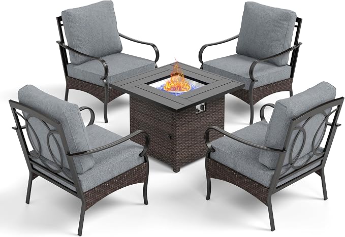 PHI VILLA Patio Furniture Set with 32" Fire Pit Table,Patio Conversation Sets 4 Fixed Chairs with Thick Cushion and 50000 BTU Fire Pit Table (5 Pieces,Grey
