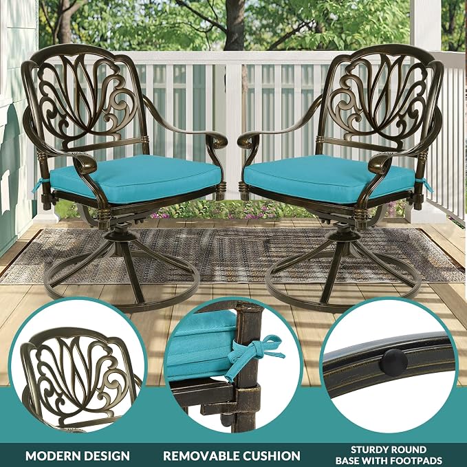 MEETWARM 9-Piece Outdoor Patio Dining Set for 8, All Weather Cast Aluminum Patio Funiture Table and Chairs Set- Large 64" Square Table, 4 Swivel Rocker Chairs, 4 Stationary, Umbrella Hole, Ocean Blue