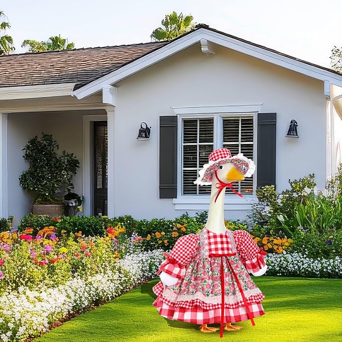 Spring Flower Goose Outfit Daisy Rose Floral Dress for 23'' Cement Plastic Goose Statue for Valentines Day Summer Outdoor Garden Yard Patio Lawn Decor(Red Rose)