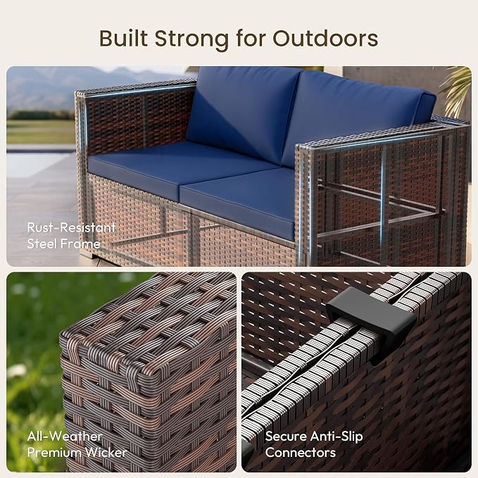 Patio Furniture Set - All-Weather -5 Piece Outdoor Patio Conversation Couch Sets, Modular Wicker Rattan Sectional Sofa for Garden, Patio, Poolside, Backyard, Balcony, Porch,Navy Blue