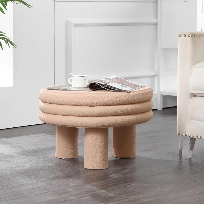 JONATHAN Y Rashida 13.5" Modern Round Polyresin Indoor Outdoor Accent Coffee Table, Weather Resistant Low Table with Chunky Ribbed Stacked Ring Design and Tripod Pillar Base, Pink Frosted TBL1105A