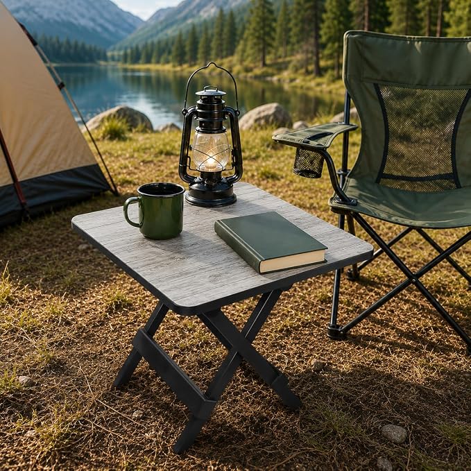 19 Inch Plastic Folding Camp Side Table, Portable Indoor Outdoor Accent Table, Gray Wood Grain Finish, Foldable Utility Table for Camping, Patio, and Backyard Use