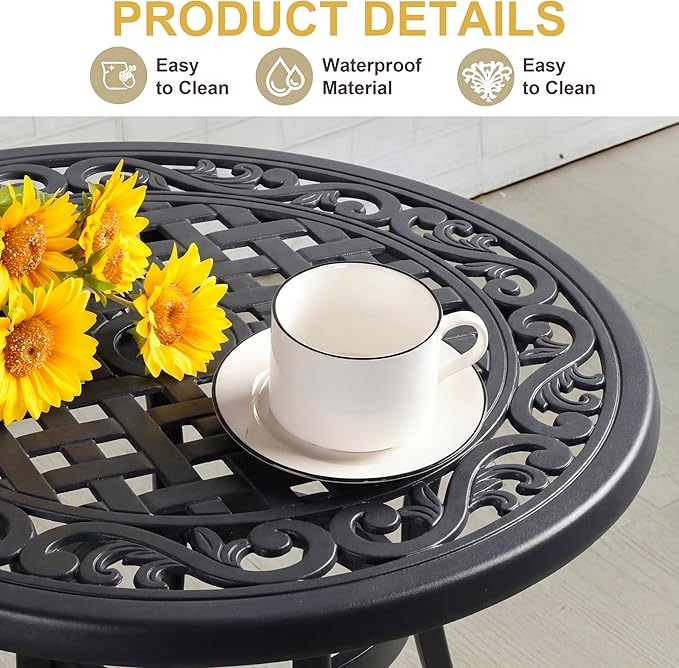 24" Cast Aluminum Side Table Outdoor End Table All Weather Patio Round Table Small Bistro Table for Garden,Balcony,Pool,Black