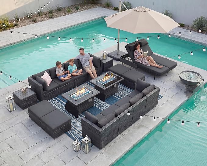 NICESOUL 18 Piece Outdoor Patio Furniture Set with Fire Pit, Large Size 14-Person Outdoor Sectional with Fire Pit & Chaise Lounge, 500 lbs Heavy Duty All-Weather Backyard Sitting Group, Grey