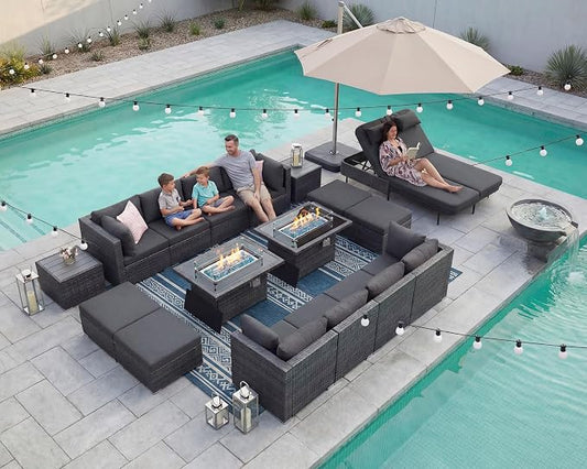 NICESOUL 18 Piece Outdoor Patio Furniture Set with Fire Pit, Large Size 14-Person Outdoor Sectional with Fire Pit & Chaise Lounge, 500 lbs Heavy Duty All-Weather Backyard Sitting Group, Grey