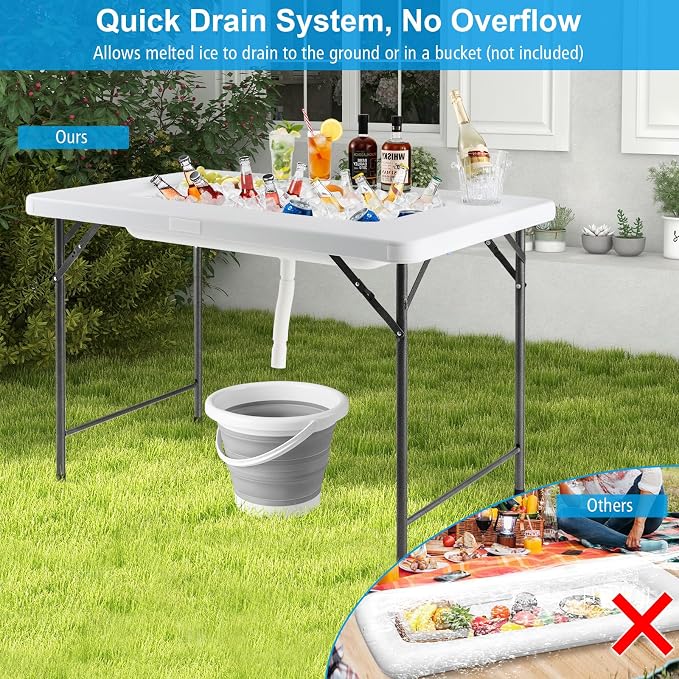 S AFSTAR 4 Foot Folding Ice Table, Buffet Salad Serving Table with Foldable Bucket, Removable Skirt, Drain System & 8" Spacious Edge, Portable Beverage Cooler for Party Camping Picnic Wedding