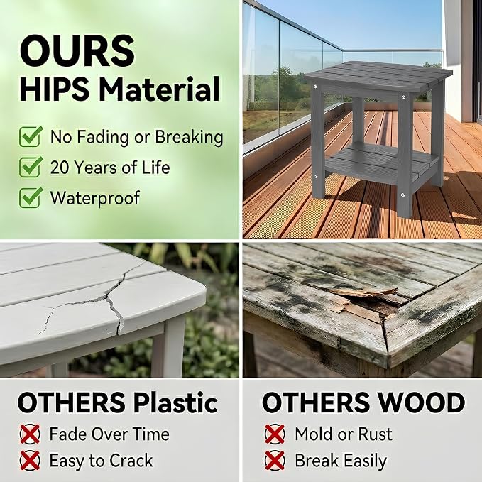 Y&M Outdoor Side Table, HIPS Adirondack Small Double Layer Table, Waterproof Square Balcony Modern End Tables for Patio, Pool, Beach, Porch, Deck, Indoor or Outdoor Use, Dark Gray