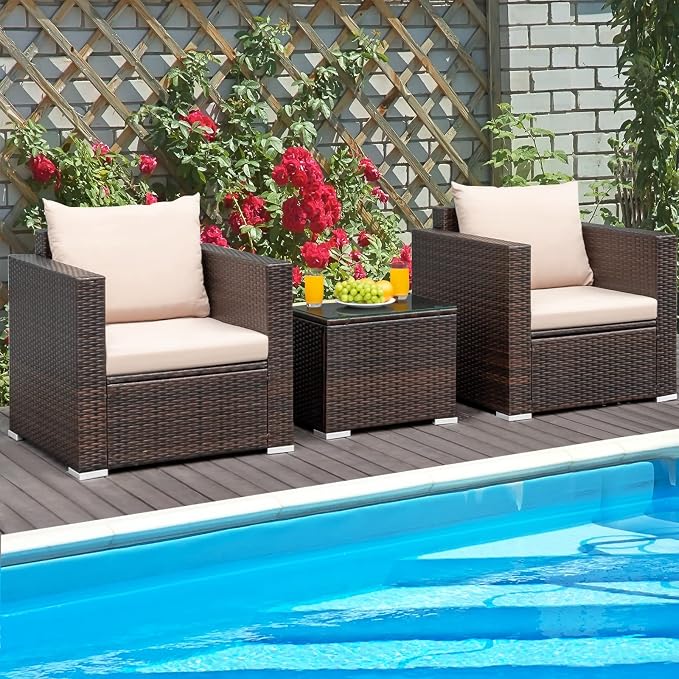 Patio Conversation Set Outdoor, 3-Piece Rattan Wicker Furniture Set with Water-Resistant Cushion & Tempered Glass Tabletop, Patio Furniture Set for Balcony, Porch, Poolside(Beige)