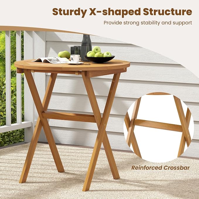 HAPPYGRILL Folding Acacia Wood Patio Table, Round Outdoor Bistro Table 26”, Outside Wooden Coffee Side Table for Porch Balcony Garden and Backyard (1)