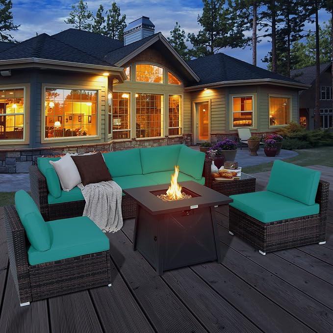 Tangkula 7 Piece Patio Furniture Set w/Fire Pit Table, Patiojoy Outdoor Rattan Conversation Sofa Set w/30 Square Propane Fire Pit Table, 50,000 BTU Heat Output, Protective Cover Included (Turquoise)