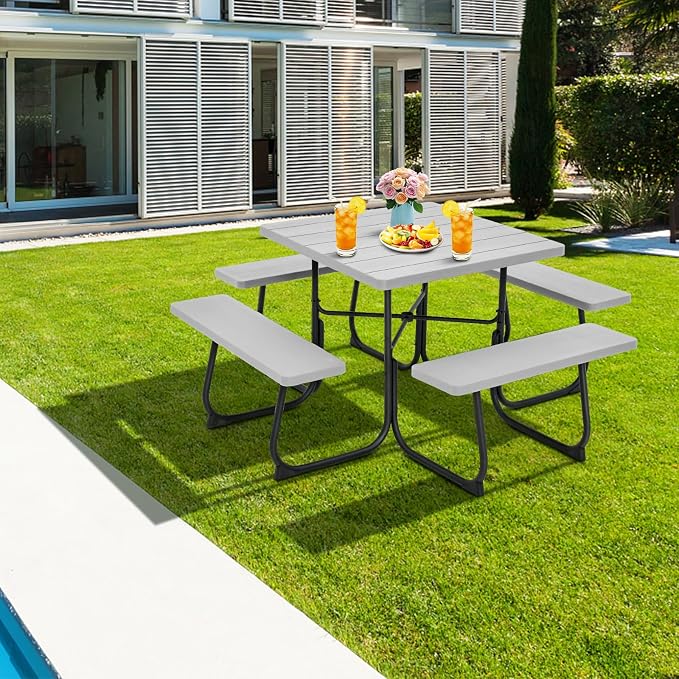 Giantex Picnic Table Bench Set for 8 Persons, Square Outdoor Table with Umbrella Hole, HDPE Top & Metal Frame, 2000LBS Capacity, Patio Table Bench Set for Deck Backyard Garden, Gray