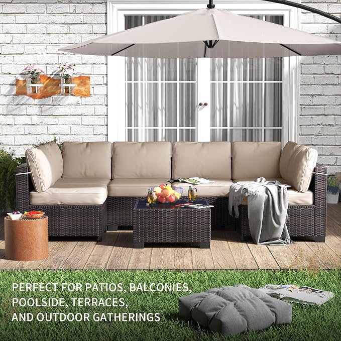 GAOMON 7-Piece Outdoor Patio Furniture Set, All-Weather Wicker Sectional Sofa with Thick Cushions and Glass Top Coffee Table, Modular Conversation Set for Garden, Balcony, Porch, Poolside