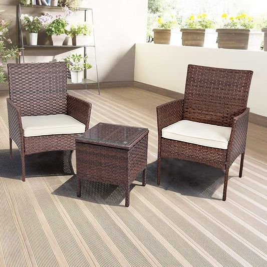 DIMAR GARDEN 3 Pieces Outdoor Patio Furniture Set Porch Conversation Rattan Wicker Chairs with Coffee Table,Mix Brown