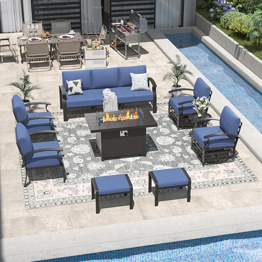 Kullavik Aluminum Patio Furniture Set,9 Piece Modern Metal Outdoor Patio Furniture w/5.1'' Thick Cushion,Swivel Chairs,Ottomans and Propane Fire Pit Table,Patio Conversation Sets for Porch,NavyBlue