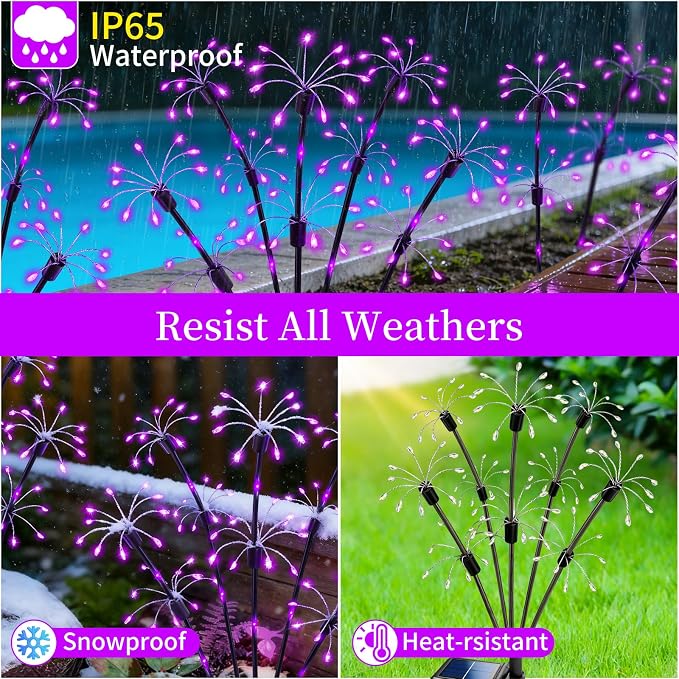 Solar Garden Lights Outdoor, 4 Pack 2-Layer Purple Solar Firework Lights | Purple Halloween Decoration, Waterproof Starburst Fairy Light Garden Decor for Christmas Yard Patio Pathway Lawn