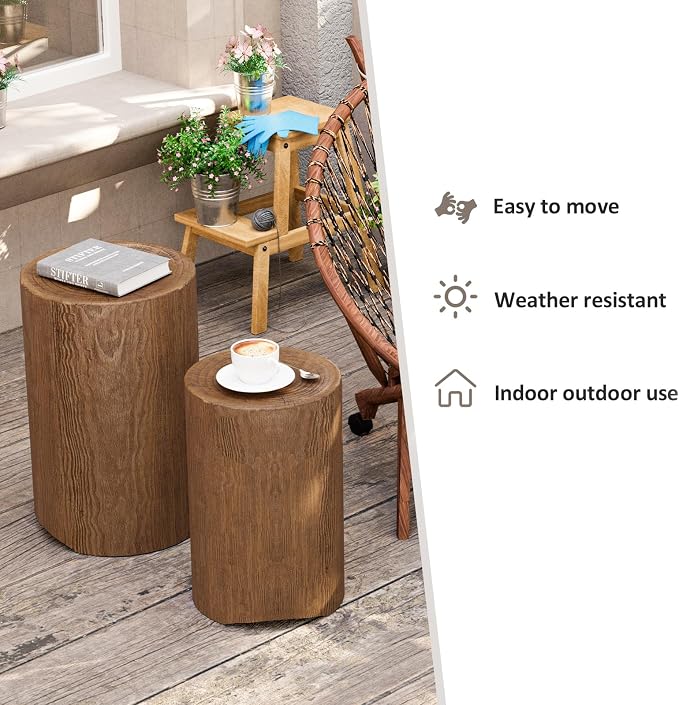 HOMPUS Outdoor Concrete Side Table Set of 2, Outdoor Nesting Table Round w Faux Wood Modern Vintage MgO, Lightweight Functional Patio Accent Table for Indoor Outside, Garden, Deck, Poolside, Brown