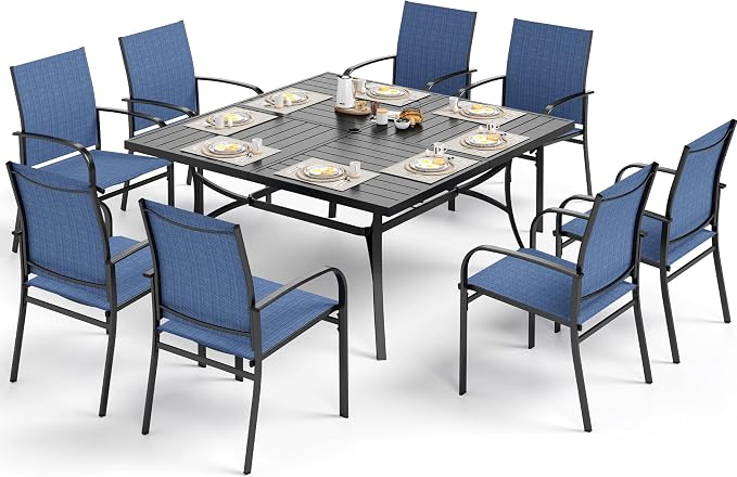 SUNSHINE VALLEY Patio Dining Set for 8, 57.5" x 57.5" Square Metal Table with Umbrella Hole, 8 x Stable Dining Chairs, Outdoor Table and Chairs Set for Lawn Backyard and Deck, Blue