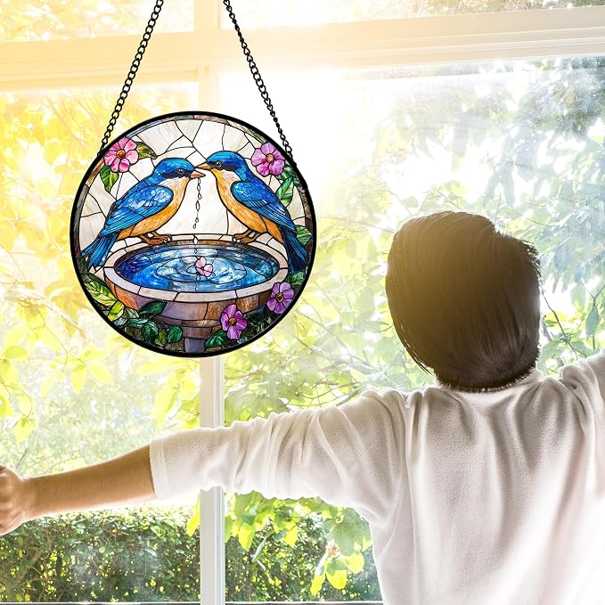 DASTOLL Stained Glass Window Hanging, 2 Blue Birds Suncatcher Diamond Glass Panel Hangings Bird Lover Sun Catchers Decor for Birthday for Women, Men, Wife, Aunt, and Mom 9.8 in