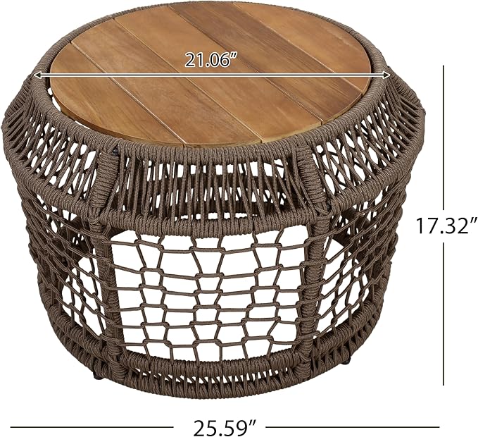 Outdoor Side Table with Grey Rope Frame, Patio Side Tables for Outside, Round Acacia Wood Outdoor End Table for Poolside Backyard Gazebo,No Assembly Required