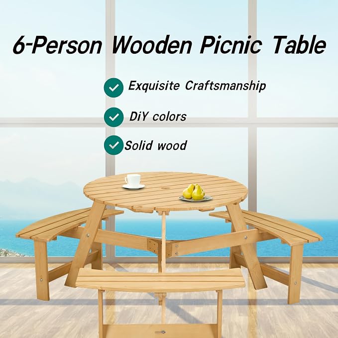 JOYBASE 6-Person Wooden Picnic Table, Outdoor Round Table with Built-in Benches and Umbrella Hole, Picnic Table Bench Set for Patio, Backyard, Garden (Natural)