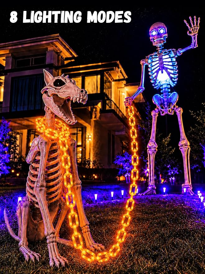 Battery Halloween Chain Lights, 10 FT 160 LED Orange Light-Up Plastic Timer | 8 Modes Battery Operated with Memory for Skeleton Dog, Yard Skeleton, Haunted House and Outdoor Decor Halloween Decorations