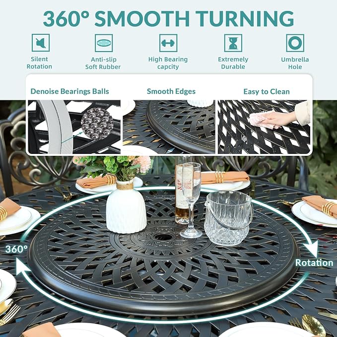 MEETWARM 61" Outdoor High Bar Dining Table for 8 Person, All Weather Cast Aluminum Large Round High Top Dining Table with 31" Lazy Susan, Patio Bar Height Table for Garden Backyard, 2" Umbrella Hole