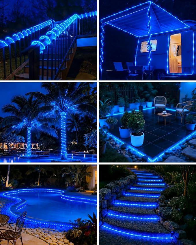 btfarm 2 Pack Solar Rope Lights Outdoor, Total 92FT 240LED Solar String Lights Outside Waterproof, 8 Lighting Mode Solar Powered Trampoline Light for Garden Tree Christmas Yard Party Decor, Blue